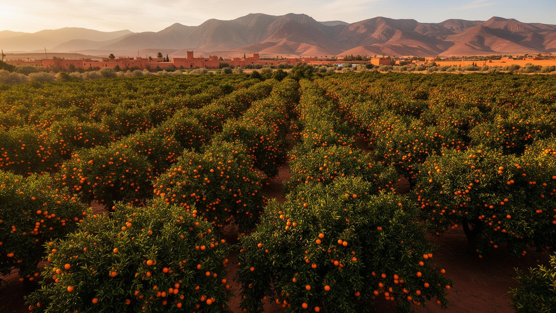 Moroccan citrus orchard at golden hour with the Atlas Mountains in the distance