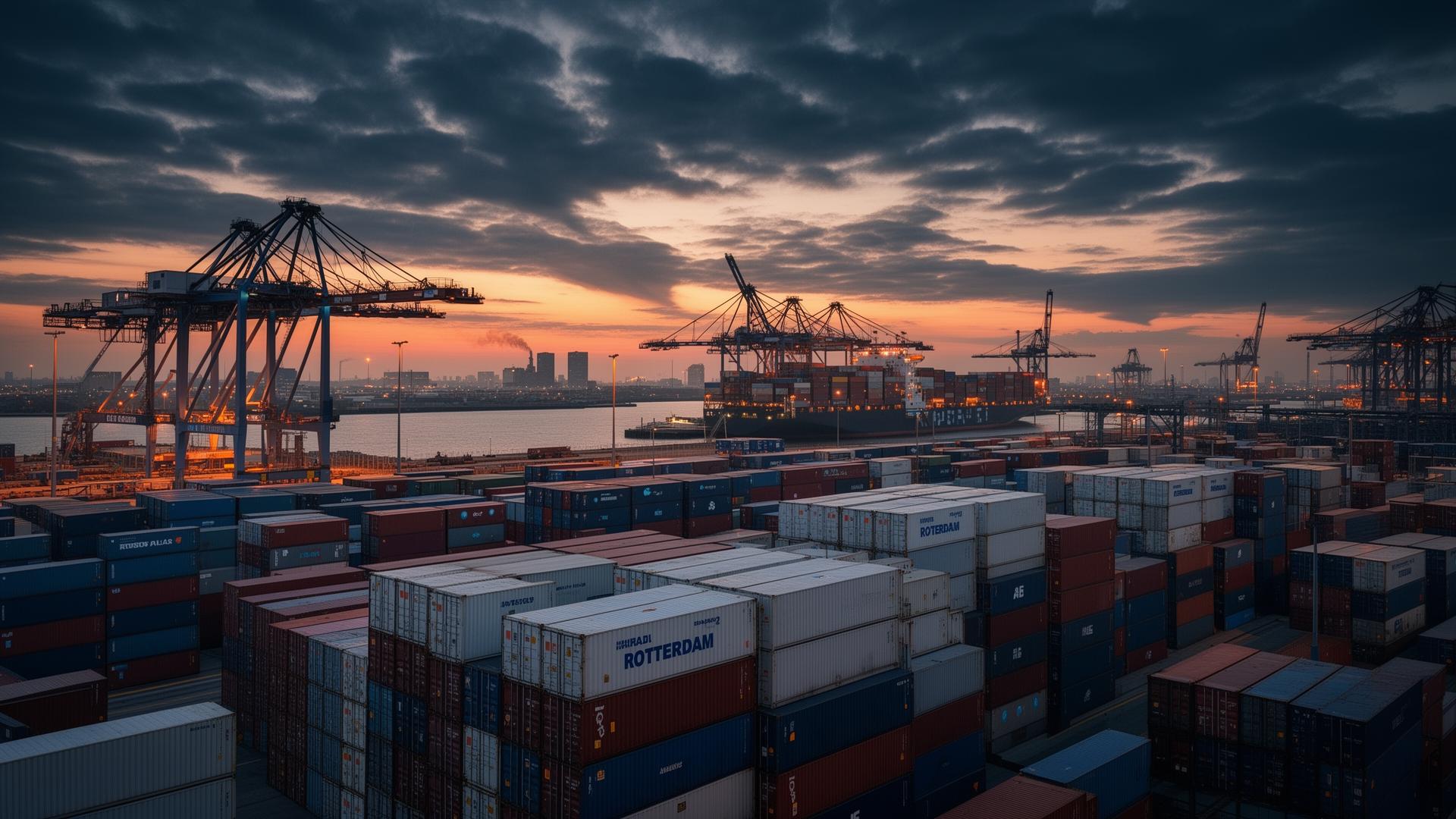 Container terminal at the Port of Rotterdam at dusk