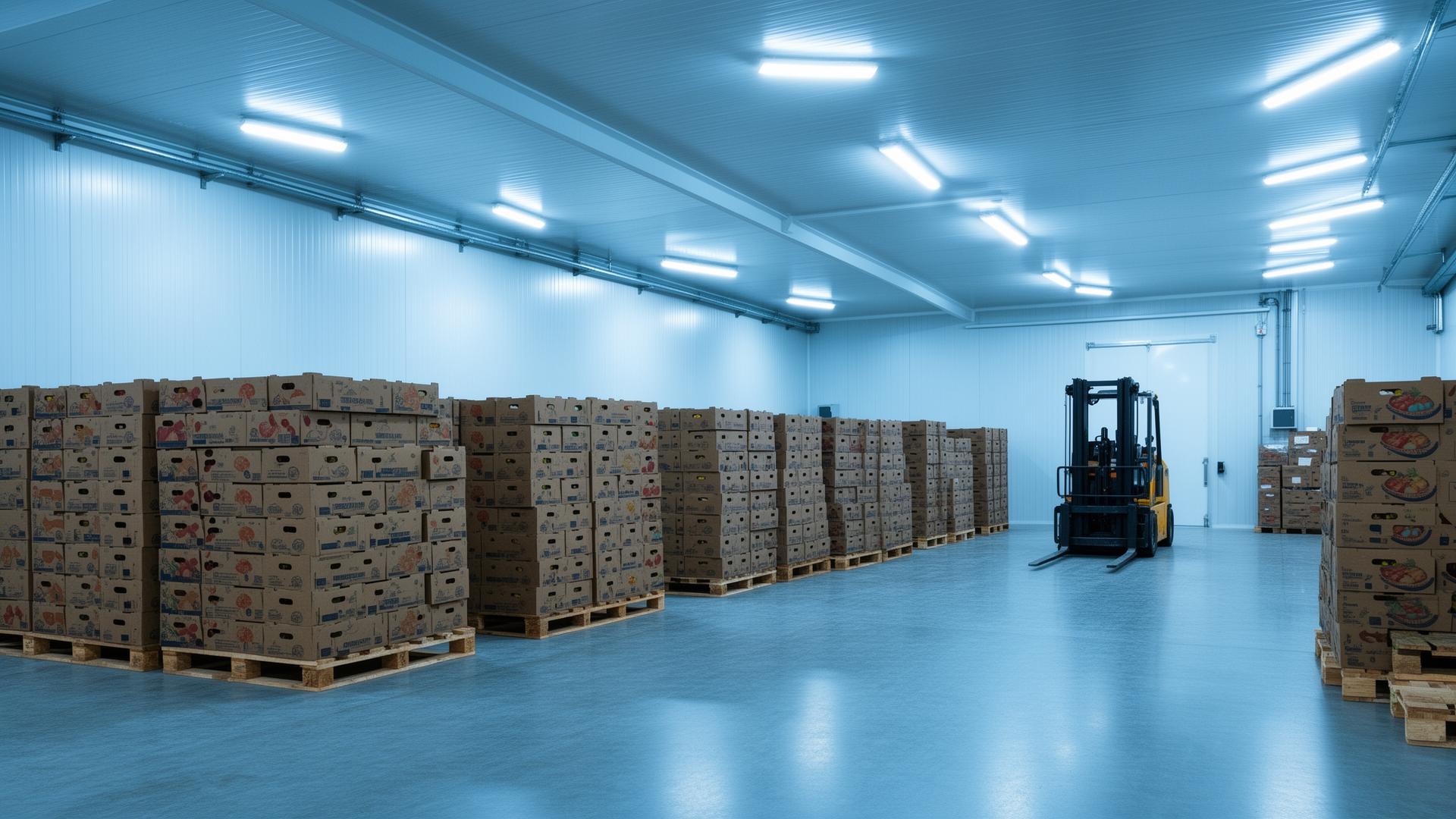 Refrigerated warehouse with pallets of produce